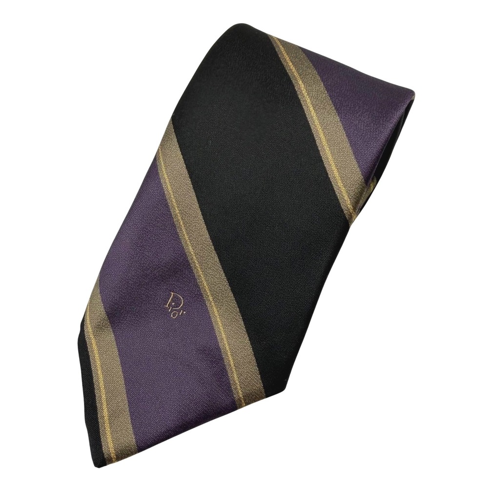 VTG Christian Dior Tie Purple Black Gold Striped Logo Front Design Luxury USA